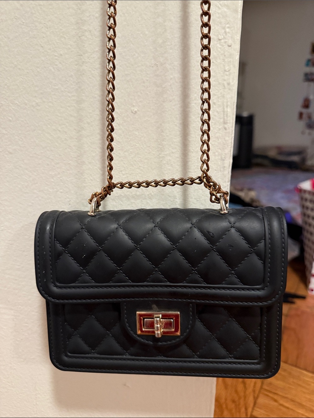 Quilted Black Chain Shoulder Bag with Gold Hardware